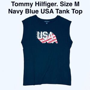 5/$15💥 Tommy Hilfiger Navy Tank USA Flag Graphic Patriotic Top Cotton Modal